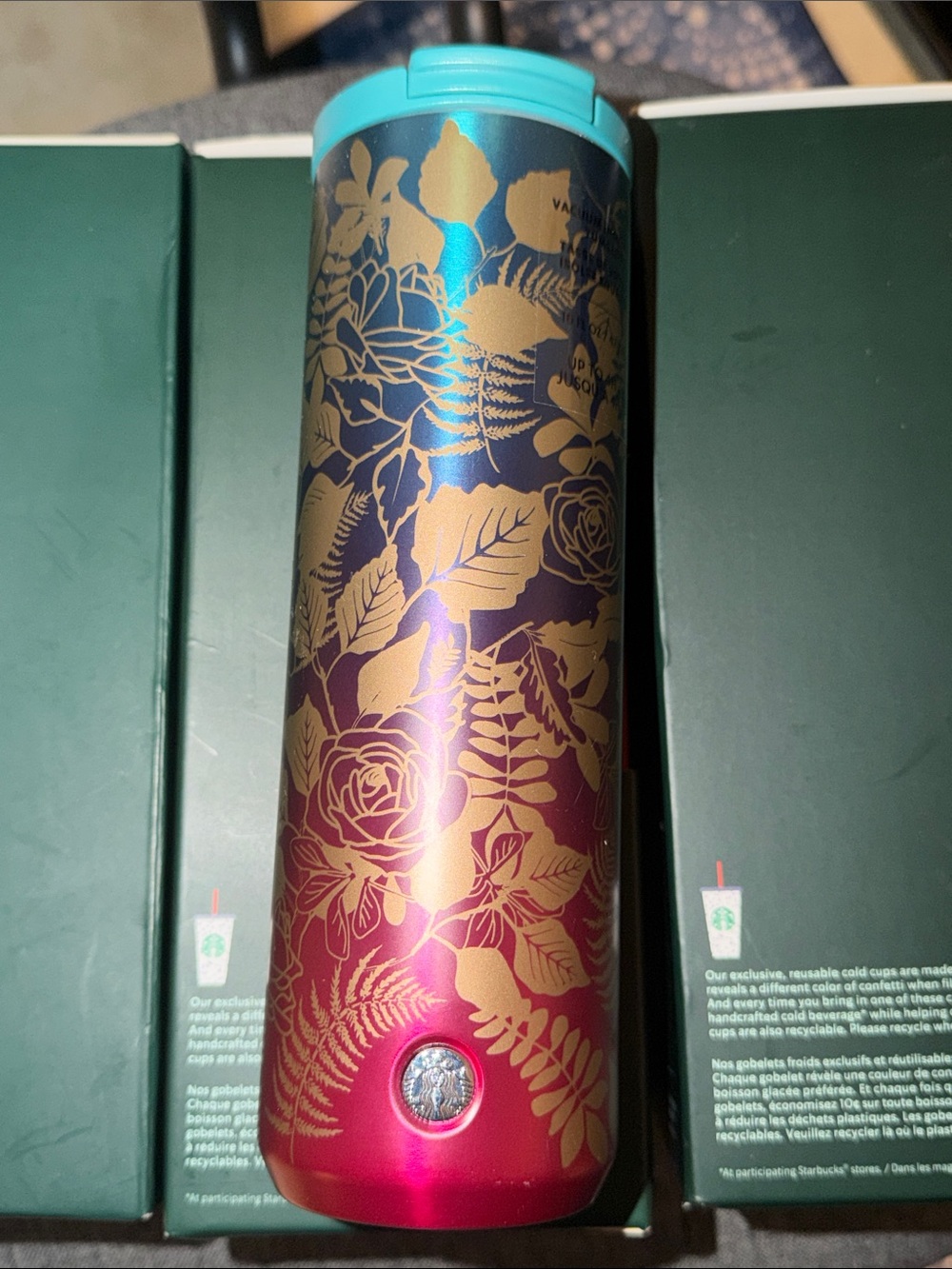 Starbucks Floral Gradient Tumbler — Teal to Magenta with Gold Accents
